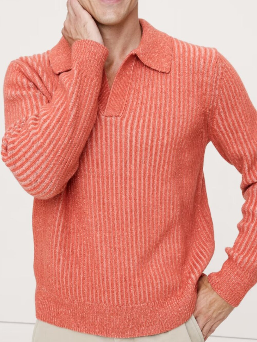 Banana Republic Merino-Cotton Ribbed V-Neck Johnny Collar Sweater in Coral/Cream